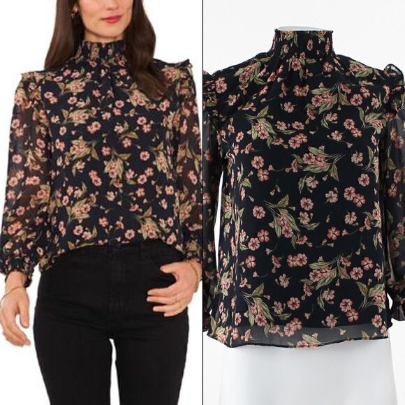 1.STATE Floral Print Ruffle Blouse in Black/Multi - Picture 1 of 6